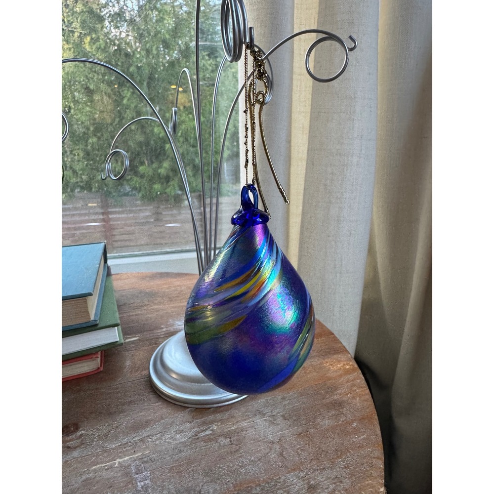 Hand‎ Blown Iridescent Art Teardrop Ornament Blue Purple Swirl Glass Eye Studio?
